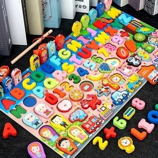 Bảng Gỗ Câu Cá Và Ghép Hình Học, Chữ Số, Chữ Cái, Phương Tiện cho bé: 5 in 1, 6 in 1, 7 in 1