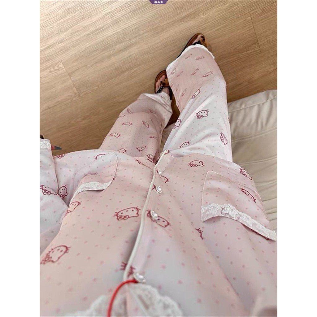 Bộ đồ ngủ ren chấm bi ngọt ngào Hello Kitty dành cho nữ Xuân hè Bộ đồ dài tay mới [BL]