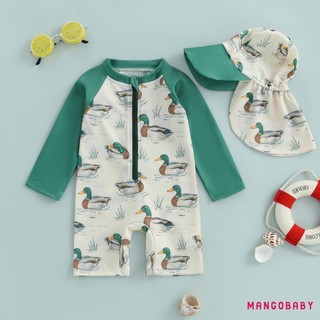 MG-Toddler Boy Rash Guard Đồ bơi có mũ 2 chiếc Bộ họa tiết vịt có khóa kéo dài tay cổ tròn Đồ bơi bé trai
