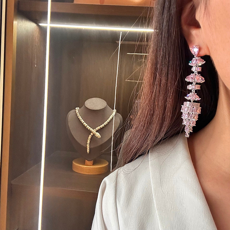 Bông tai dài Zircon màu hồng, phong cách Hàn Quốc sang trọng
