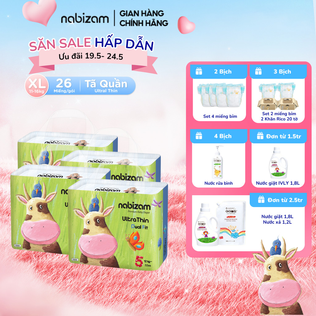 Ảnh COMBO 4 Tã/Bỉm Quần NABIZAM UltraThin Công Nghệ Thấm Hút Từ Hàn Quốc, Mỏng Nhẹ Và Chống Tràn Size XL /từ 12kg/26 miếng 1