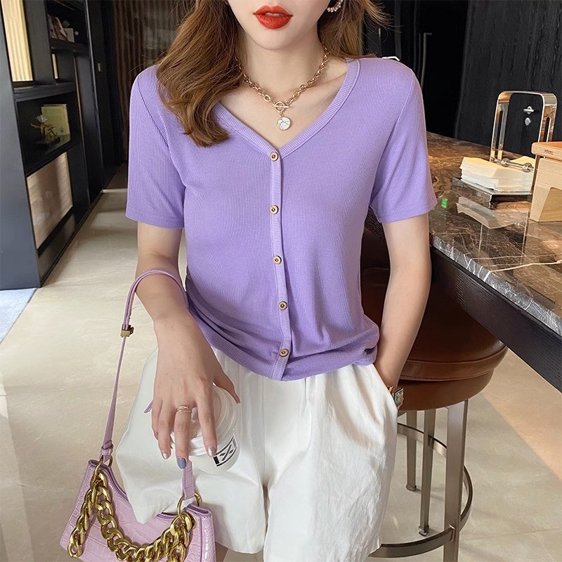 Áo thun ngắn tay nữ mùa hè mỏng cổ chữ V nhỏ Slim-fit thon gọn hơn trông màu đen Áo thun nữ phong cách ngắn