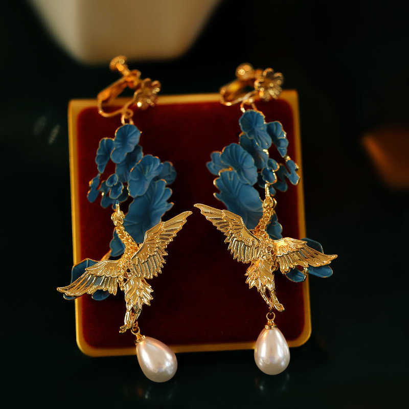 Bông Tai Phong Cách Trung Hoa Hoa Micro-Dát Đôi Hạnh Phúc Bông Tai Cung Điện Tính Khí Sườn Xám Cloisonne Kẹp Tai Phong Cách Không Xuyên Phụ Kiện 24.11.26