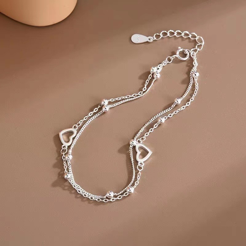 Đơn giản S925 Bạc Hai Lớp Trái Tim Tình Yêu Vòng Hạt Vòng Tay Thời Trang Lãng Mạn Nữ Trang Sức Có Thể Điều Chỉnh Quà Tặng