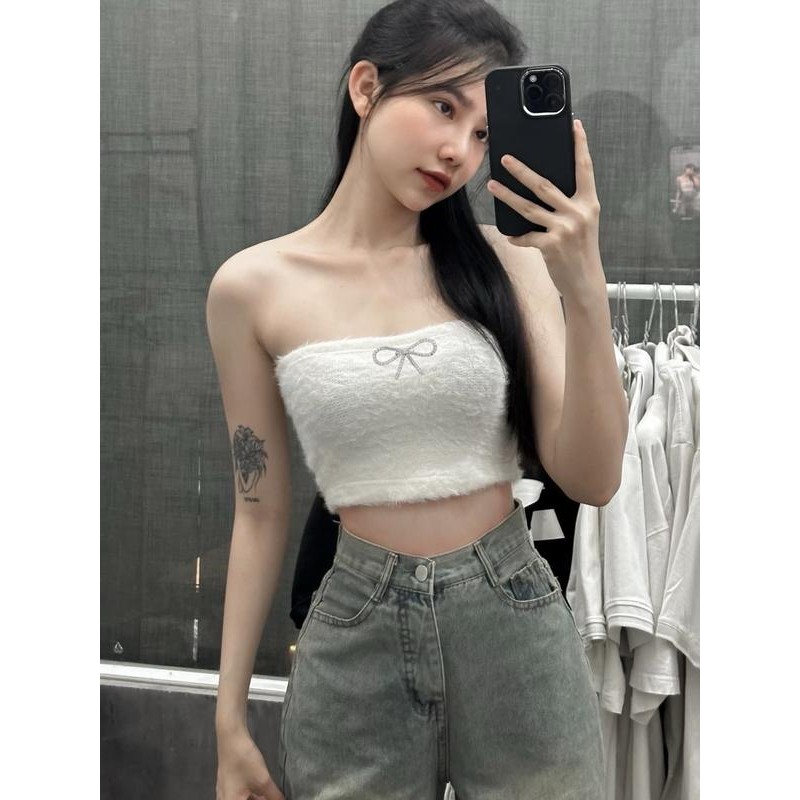 BARE_Áo CropTop Ống Lông Màu Trơn Không Dây Ôm Dáng Vừa Vặn Cho Nữ- A258 Women Tre Voi