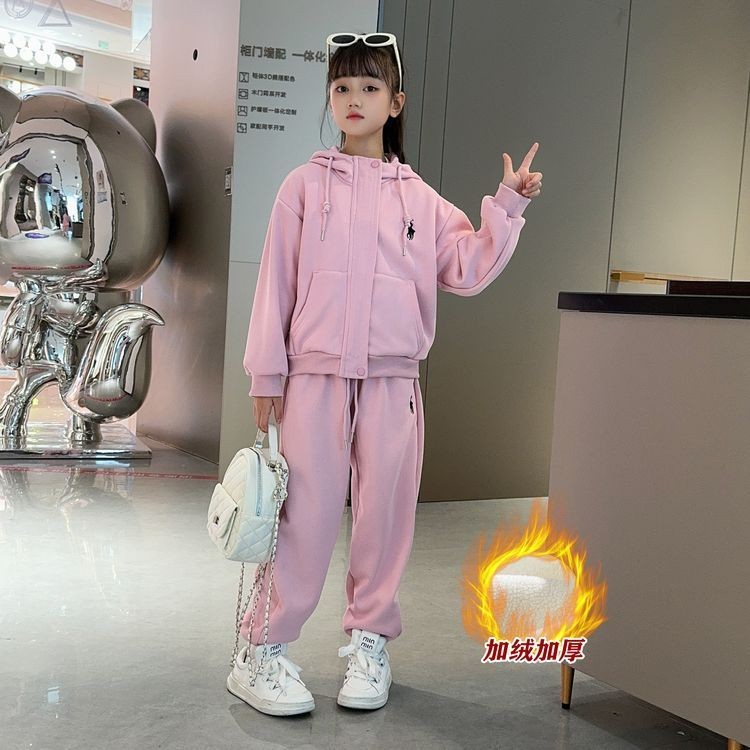 Hàng sẵn có Mùa đông Phong cách mới Plus Nhung Bộ đồ trẻ em Thời trang thêu thường ngày Ấm áp Bộ đồ hai mảnh Phụ huynh @ -