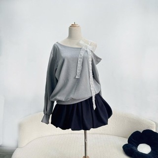 Set Bigsize Nữ Áo Sweater Lệch Vai Dây Ren Phối Chân Váy Bí Ngô Dễ Thương Cho Chubby SET931