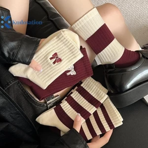 Kudosation Nữ Tất Thu Đông Cotton Dệt Kim Trường Học Bé Gái Ống Giữa Tất Nữ Sọc Hip Hop Ván Trượt Thể Thao Tất Sox