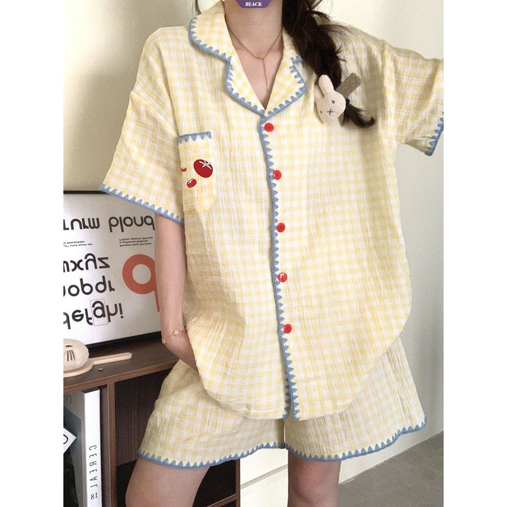 Bộ đồ ngủ kẻ sọc đơn giản Nhật Bản Nữ mùa hè Cà chua ngọt Quần Short ngắn tay dành cho học sinh Bộ đồ mặc nhà rộng rãi [BL]