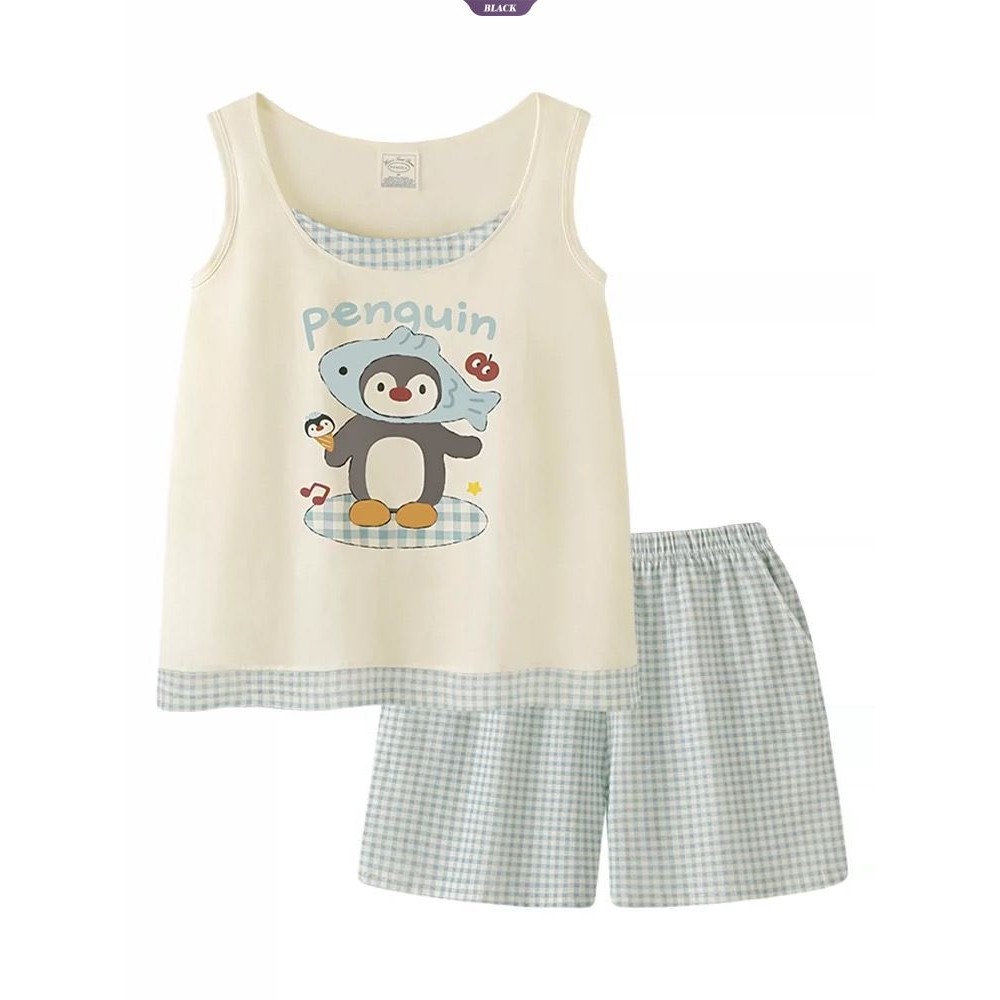 Bộ Đồ Ngủ Mùa Hè Nữ 2025 Mới Vest Quần Short Phù Hợp Với Hoạt Hình Dễ Thương Chim Cánh Cụt Giải Trí Mặc Ở Nhà [BL]