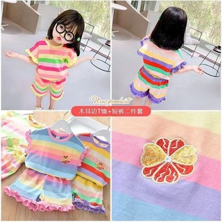 (6m-12Yrs) Bộ đồ thường ngày cho bé gái Áo ngắn tay + Quần Bộ hai mảnh sọc cầu vồng thêu Waveselvedge Quần áo trẻ em