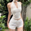 Klalien Áo Vest Gợi Cảm Lưới Chắc Chắn Tắt Vai Chia Không Đều Chắp Vá Rốn Lộn Lưng Thường Ngày Đa Năng Mùa Hè 2025 Thời Trang Phụ Nữ Mới