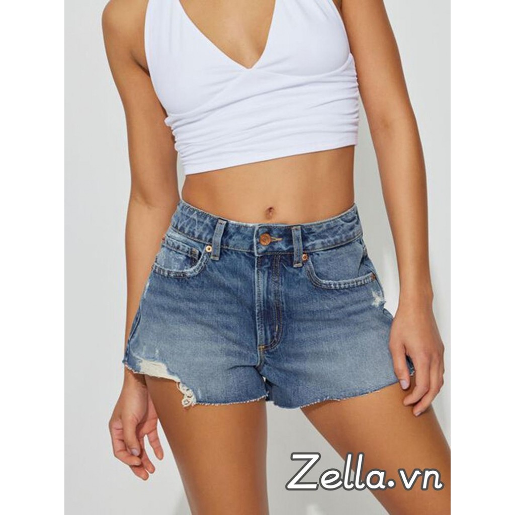 Quần short Denim rách dành cho nữ Quần short Jean cỡ trung màu xanh / đen sành điệu cho mùa hè