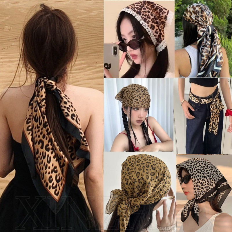 Khăn quàng cổ dài in họa tiết da báo đa năng - Vintage, Elegant, Silk Head Band - Dây đeo đầu khăn quàng cổ viền ren - DIY Belt Scarf Hairband Phụ kiện trang trí ba lô