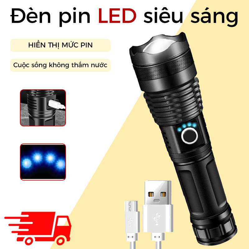 Đèn Pin LED Sáng,Type-C Có thể sạc lại 4 chế không thấm nước Thích hợp cho câu cá và trại ngoài trời