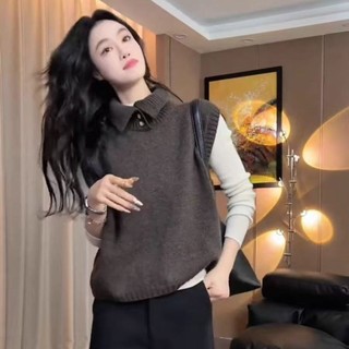 Pháp Bên Ngoài Mặc Nửa Mở Áo Len Cổ Rùa Áo Vest Nữ Đầu Thu Đông Ấm Áp Bên Trong Áo Vest Không Tay Top