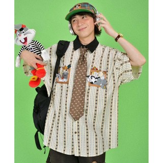 GKSSS Áo sơ mi ngắn tay mới phong cách retro Nhật Bản sọc dọc hoạt hình thêu hoa văn phong cách trung tính