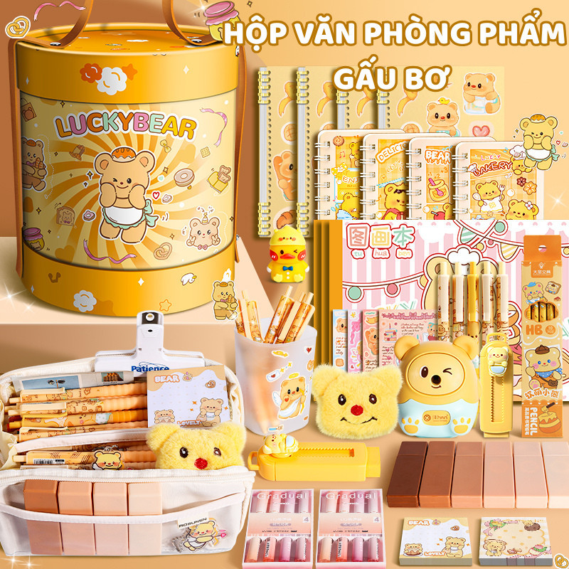 Bộ Quà Dụng Cụ Học Tập Gấu Bơ, Hộp Văn Phòng Phẩm Bút Thước Dễ Thương Cho Học Sinh