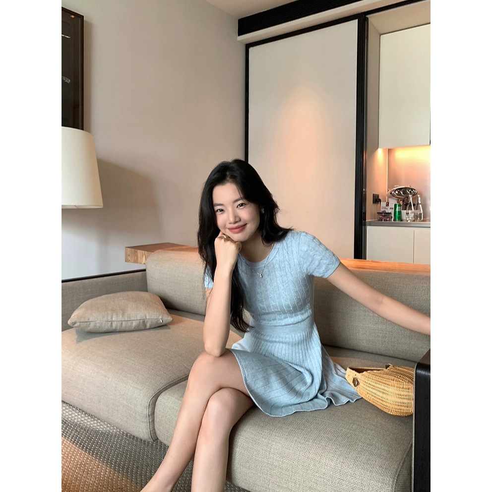 SUXI Váy dệt kim ngắn tay cổ điển đơn giản mùa hè mới dành cho nữ 250512