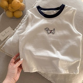 Áo phông không tay hoạt hình trẻ em cotton mùa hè, Ba Lỗ thêu hình chó con phong cách phương Tây cho bé trai bé gái