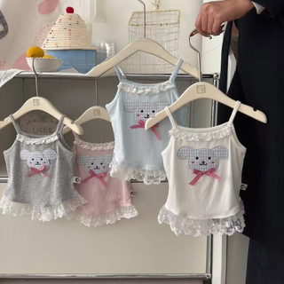 Áo camisole ren trang trí mùa hè cho bé gái, áo thun không tay thêu hoạt hình, áo có nơ dễ thương cho trẻ em