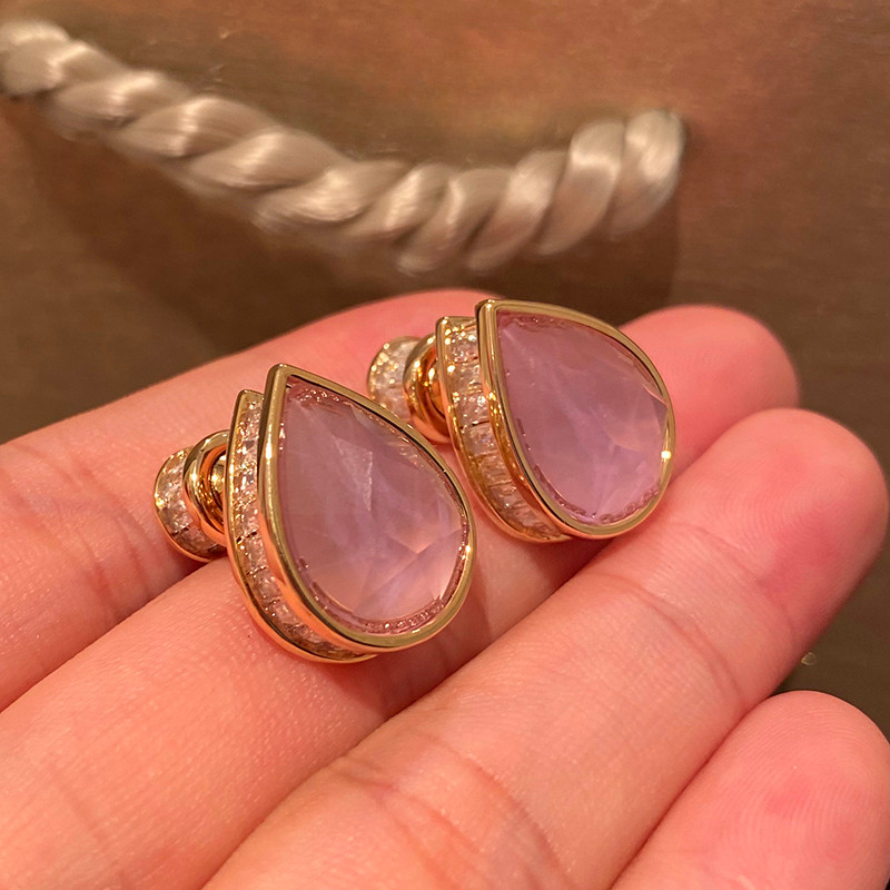 Bông tai Zircon hồng hình giọt nước Tính khí thanh lịch