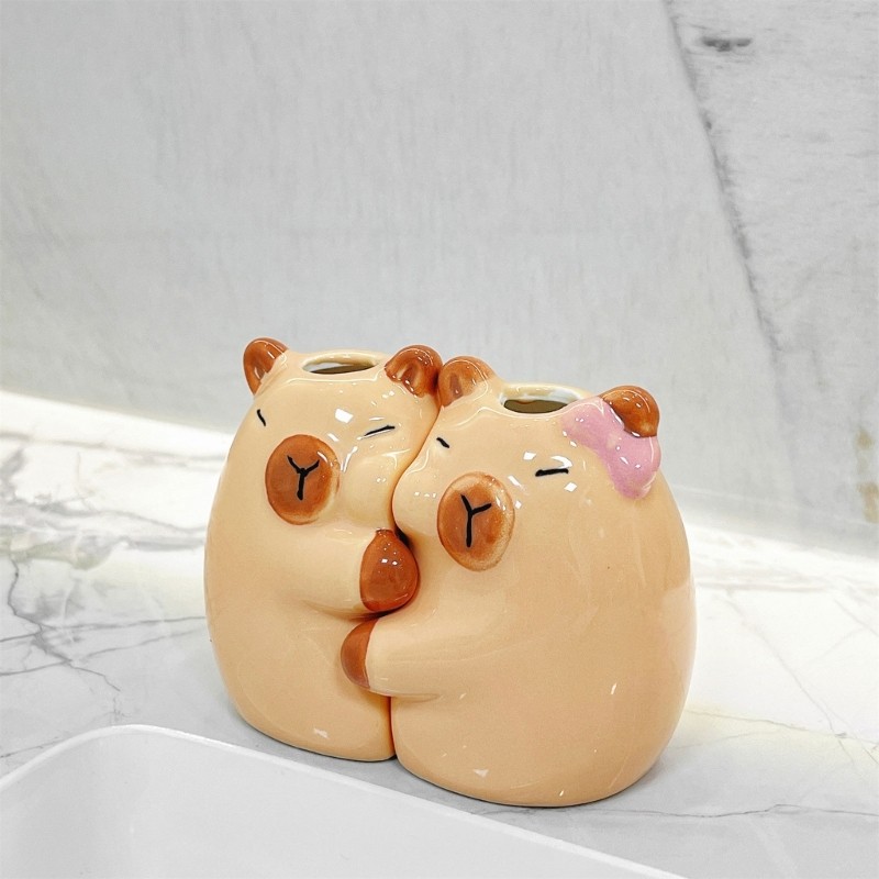 Inste Hai Gốm Capybaras Bàn Chải Đánh Răng Bàn Văn Phòng Bộ Sắp Xếp Bút Chì