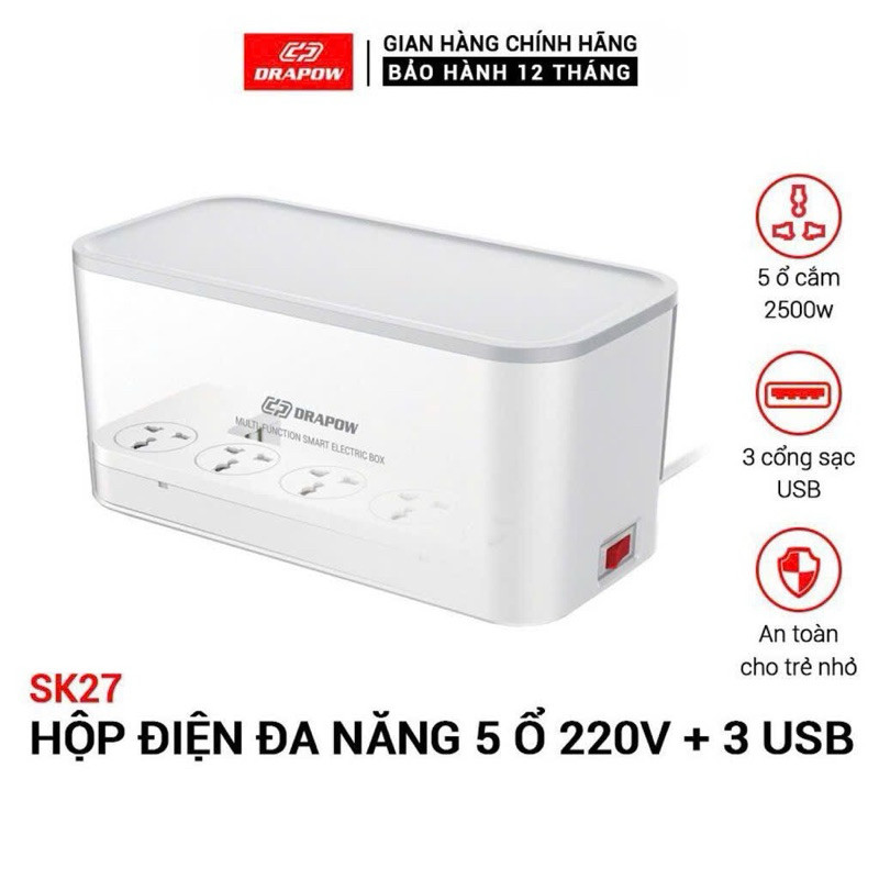 Hộp Ổ Điện Thông Minh Giấu Gọn Dây Drapow SK27 - 5 Ổ Cắm 220V, 3 Cổng ...