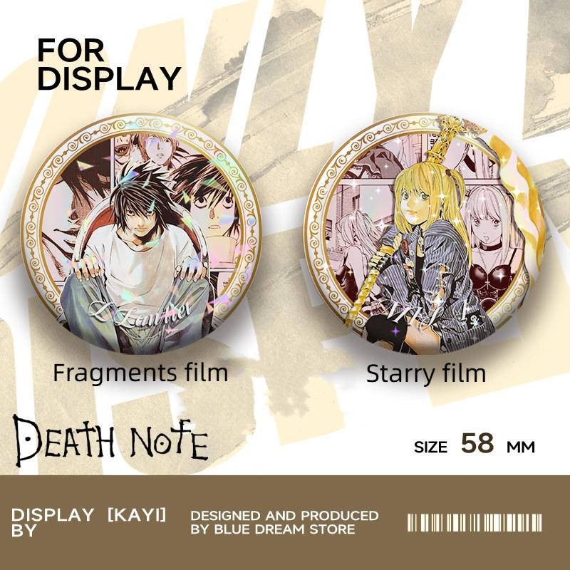 Huy hiệu Death Note 58mm Laser-Enamel – Có đèn Yagami & L, Pin sắt chất lượng cao, Anime sưu tập, Quà tặng hoàn hảo cho người hâm mộ