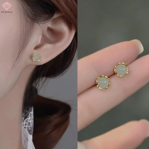 Phong Cách Trung Hoa Retro Giả Ngọc Bông Tai Nhỏ Dành Cho Nữ Tinh Tế Màu Xanh Tròn Hạt Bông Tai Trang Sức Thanh Lịch Quà Tặng Mới