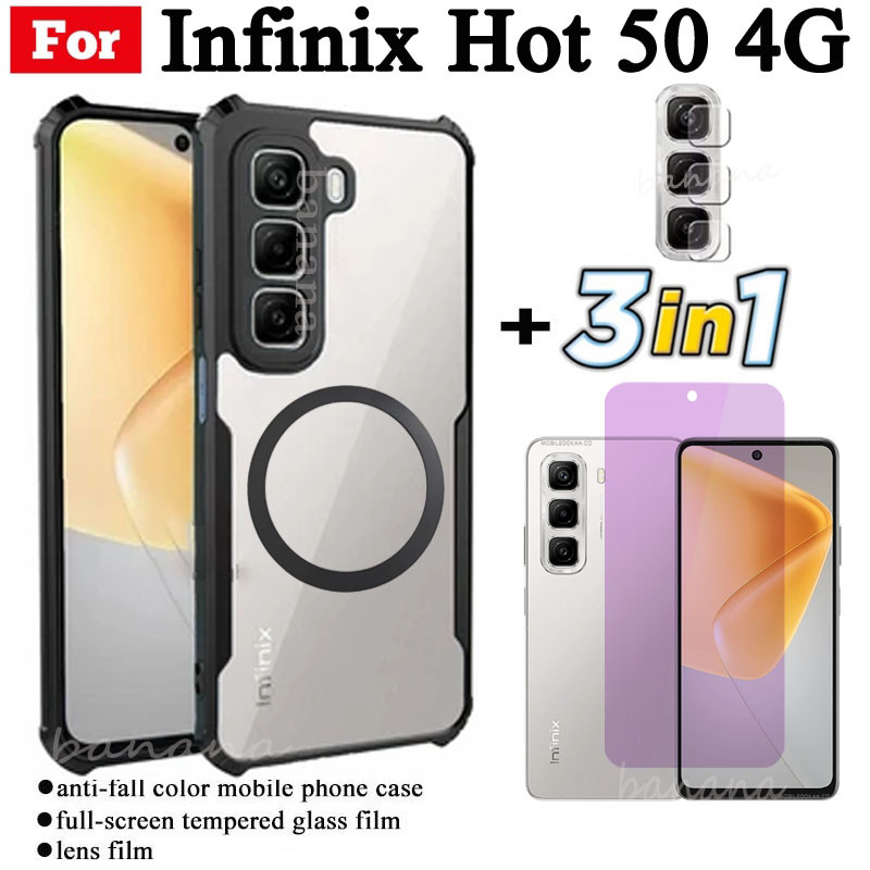 Ốp điện thoại chống sốc 3 trong 1 Infinix Hot 50 4G có nhãn dán sạc không dây từ tính cho Infinix Hot 50 5G 50i Bảo vệ toàn diện Kính cường lực bảo vệ màn hình và phim ống kính