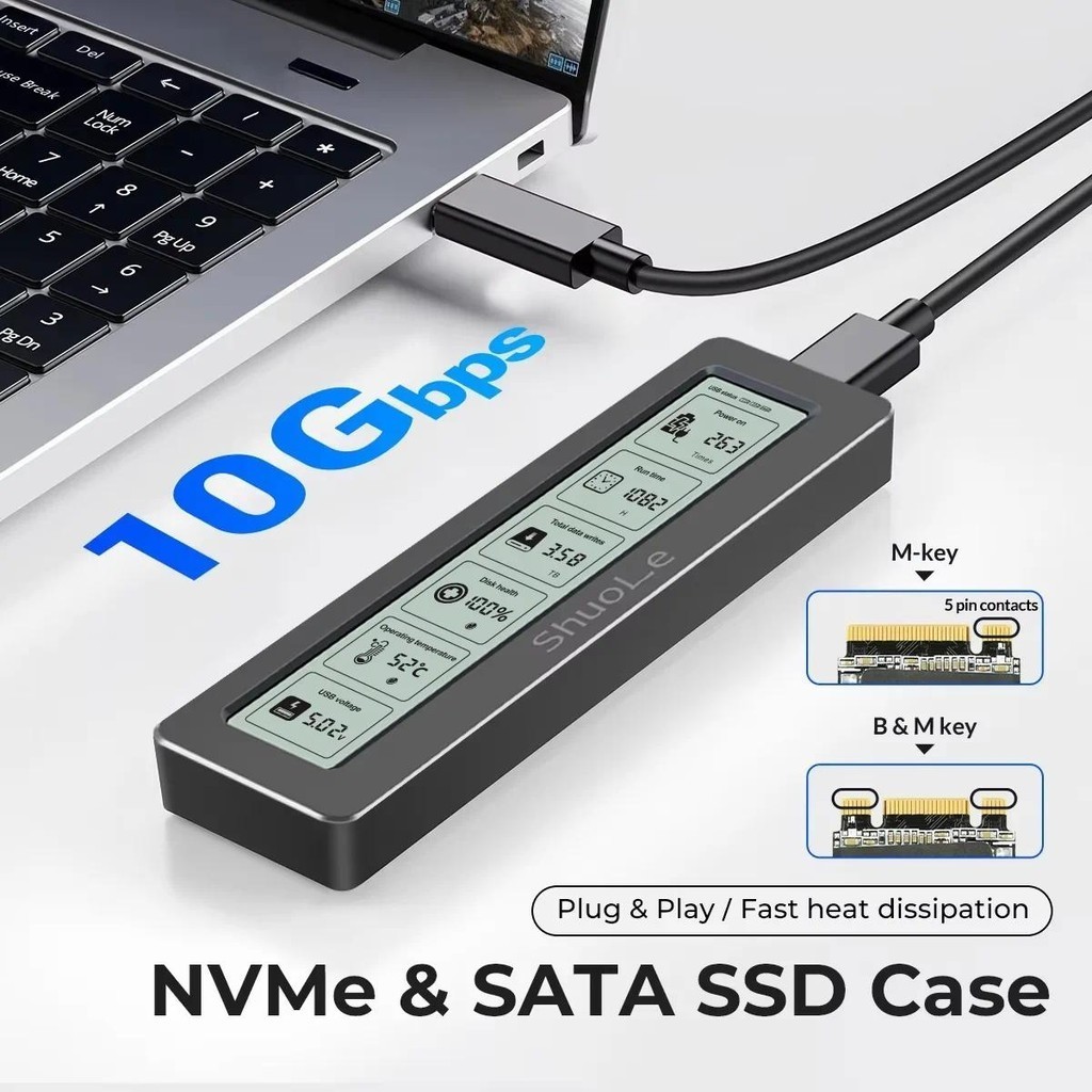 10gbps M.2 NVME / NGFF Giao thức kép Vỏ SSD có màn hình hiển thị Phát hiện sức khỏe kỹ thuật số thông minh Bộ chuyển đổi SSD USB Type C