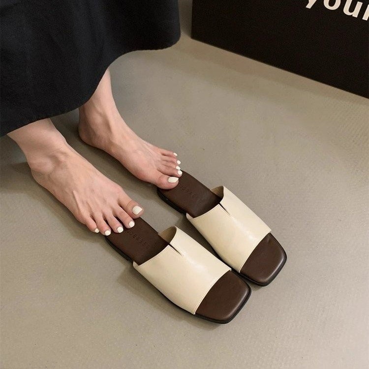 Mùa Hè Retro Mở Mũi Thấp Đế Bằng PU Mũi Vuông Màu Trơn Niche Thời Trang Nhẹ Slip-On Nữ Thường Ngày Nhà Ngoài Trời Mặc Slipp