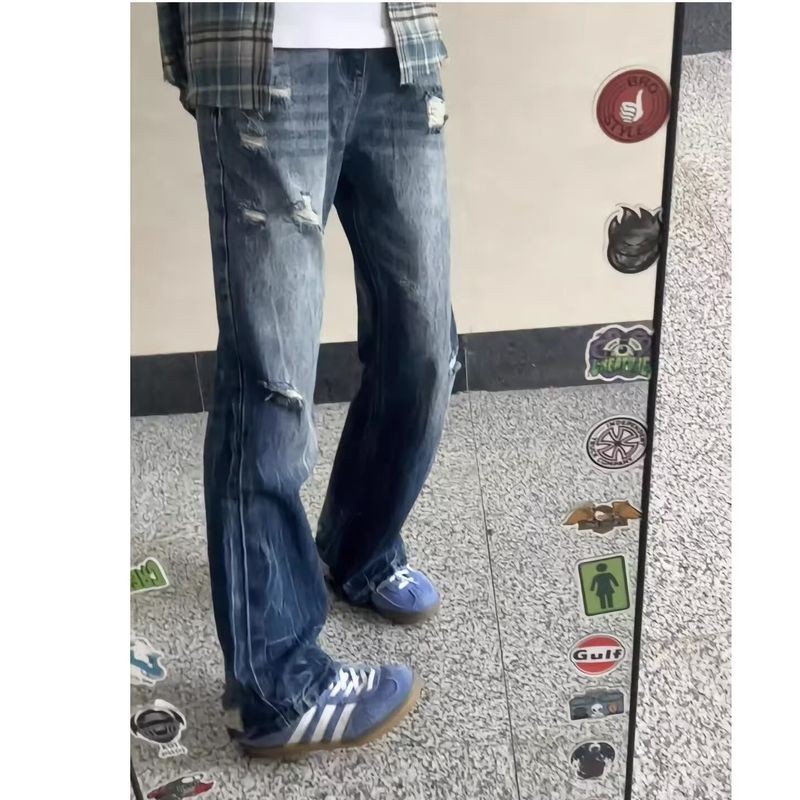 ThaliaWisp Quần Jean Nam American High Street Lightning Họa Tiết Rách Mới Giặt Quần Dài Cổ Điển