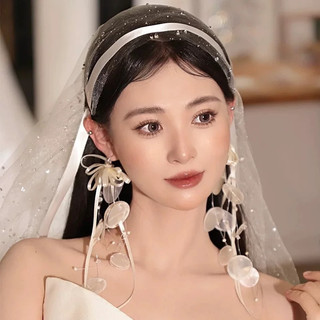 1 đôi bông tai ren vỏ tự nhiên, phụ kiện nơ thủ công kiểu Pháp