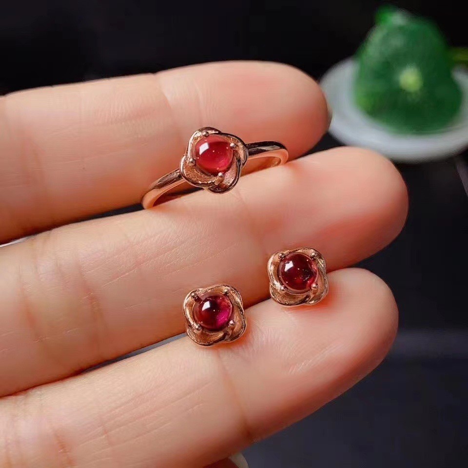 Nhẫn Garnet Tự Nhiên Retro Thời Trang Độc Đáo Có Thể Điều Chỉnh Nhẫn Bông Tai Nữ