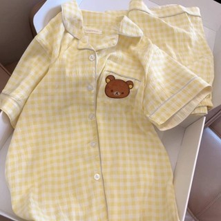 Kẻ Sọc Nhẹ Gấu Bộ Đồ Ngủ Nữ Mùa Hè Mới Quần Short Tay Ngắn Ins Phong Cách Nhật Bản Dễ Thương Sinh Viên Nhà Quần Áo Mặc Ngoài
