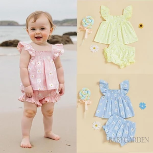 / / -Baby Girl Daisy 2 Cái Bộ Smocked Bay Tay Áo Babydoll Co Giãn Eo Quần Short Ruffle Quần Short Quần Áo Mùa Hè Dễ Thương