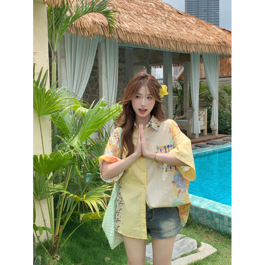 SUXI Áo sơ mi in màu tương phản cổ điển mới dành cho nữ mùa hè 250516