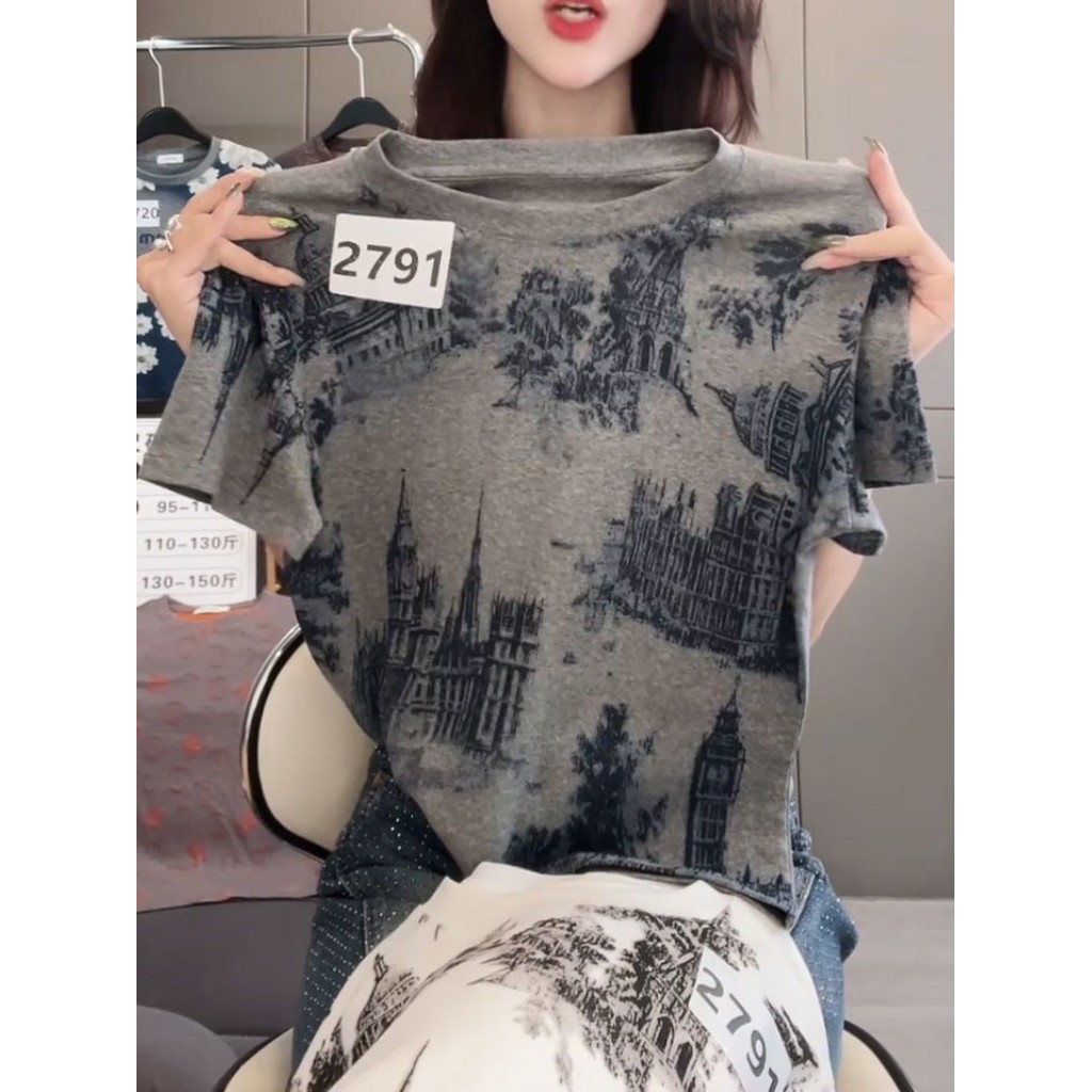 Áo thun nữ chữ cái mùa hè 2025 retro in mới giảm béo thời trang dáng rộng thường ngày chắp vá hàng đầu
