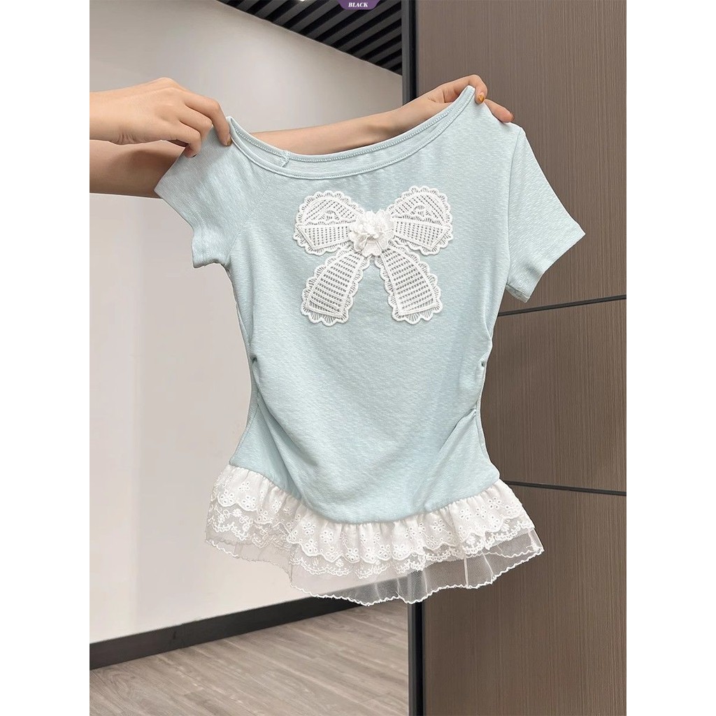 Ngọt Ngào Slant Vai Ren Áo Thun Nữ Mùa Hè Mới Ôm Nơ Thiết Kế Sense Niche Top Tide [BL]