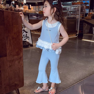 Bộ áo vest mùa hè mới cho bé gái, áo camisole ren phong cách Hàn Quốc, quần ống loe cho bé gái, bộ hai mảnh