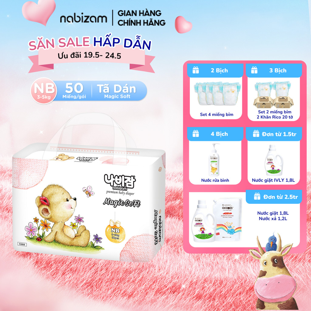 Ảnh Tã/Bỉm Dán NABIZAM Magic Soft Cao Cấp Từ Sợi Bông Được Tuyển Chọn An Toàn Cho Bé Size NB Cho Bé Từ 3-5kg, 50 Miếng/Bịch 1