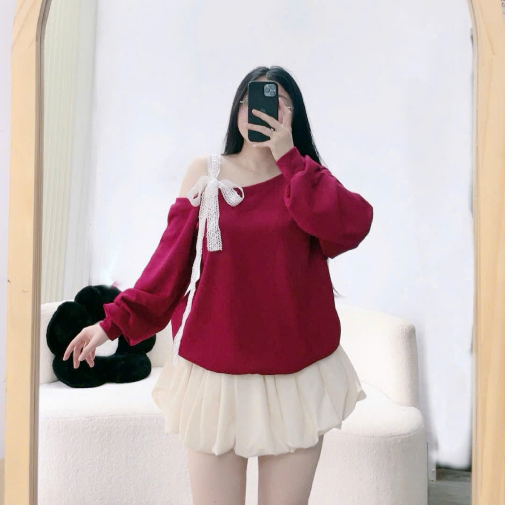 Set Bộ Tiểu Thư Bigsize Áo Kiểu Trễ Vai Kèm Chân Váy Bí Cho Chubby Mặc Tết Noel SET931