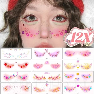 12 Tờ Dán Hình Xăm Blush Hoạt Hình - Đề Can Tạm Thời DIY Facial - Hình Xăm Nghệ Thuật Cơ Thể - Tự Dính, Chống Thấm Nước, Thực Tế - Đề Can Trang Điểm Tiệc Lễ Hội