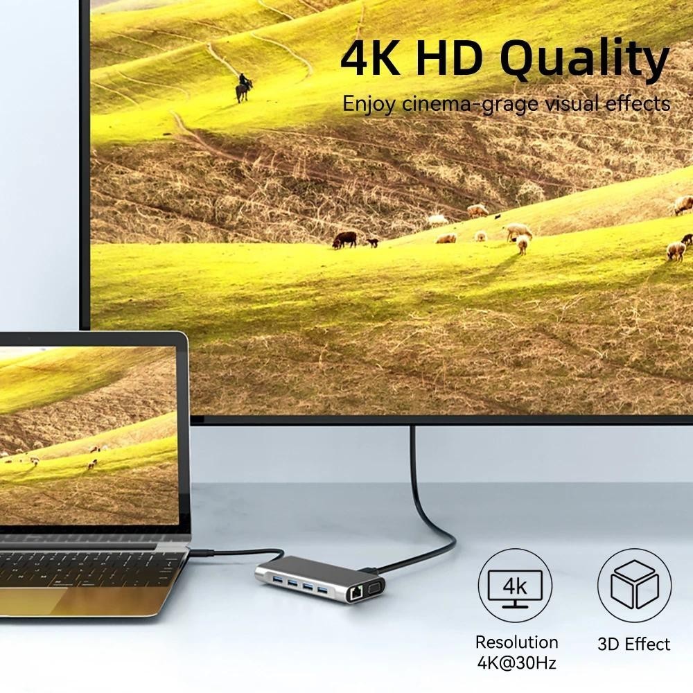 [Hàng có sẵn] Trạm kết nối Type-C 11 trong 1 USB 3.0 HUB Bộ chia USB C Type C sang 4K HDMI VGA PD RJ45 Bộ chuyển đổi mạng 100M cho máy tính xách tay Macbook