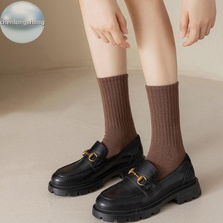 Chenlongshang Đen Trắng Tất Nữ Thu Đông Giữa Ống Tất Hàn Quốc Nhật Bản Ins Xu Hướng Cotton Cà Phê Retro Thiết Kế Tất Cho Học Sinh EN