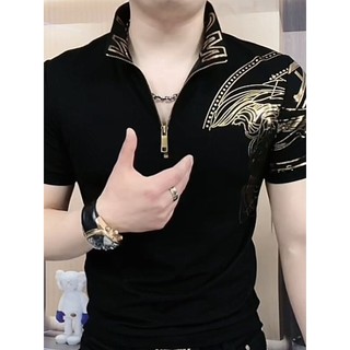 ✨✨1.3000 Người Khen ngợi Hợp Thời Trang Cổ Mạ Vàng Nam Ngắn Tay Co Giãn Áo Nam Mặc Ngoài Xã Hội 25.4.8