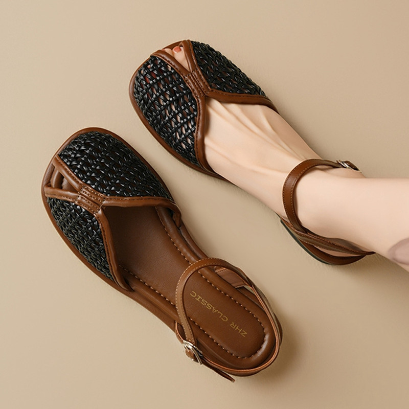 Atikota La Mã Sandal Retro Đế Bằng Cho Nữ Bện Cắt Ra Nửa Gói Giày Mùa Hè Thoải Mái