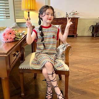 Đầm thun bé gái kẻ sọc retro – Váy suông không tay phong cách năng động mùa hè